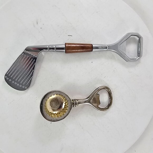 Golf Club & Dimpled Golf Ball Bottle Opener Set Vintage Style Metal - Picture 4 of 6